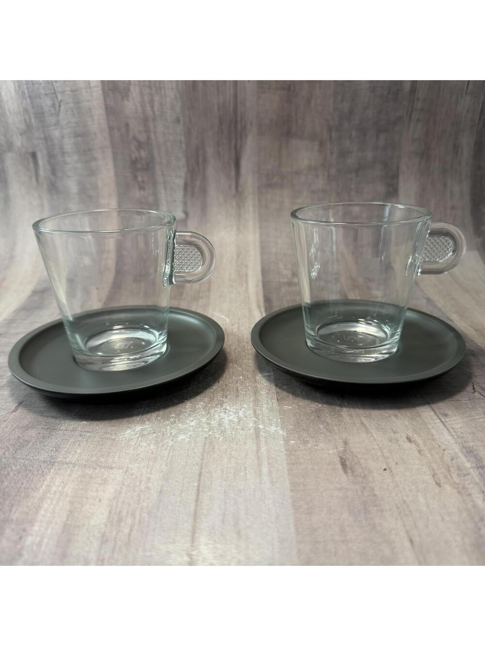 Set of 2 Nespresso View Espresso Clear Glass Cups & Matte Gray Saucers